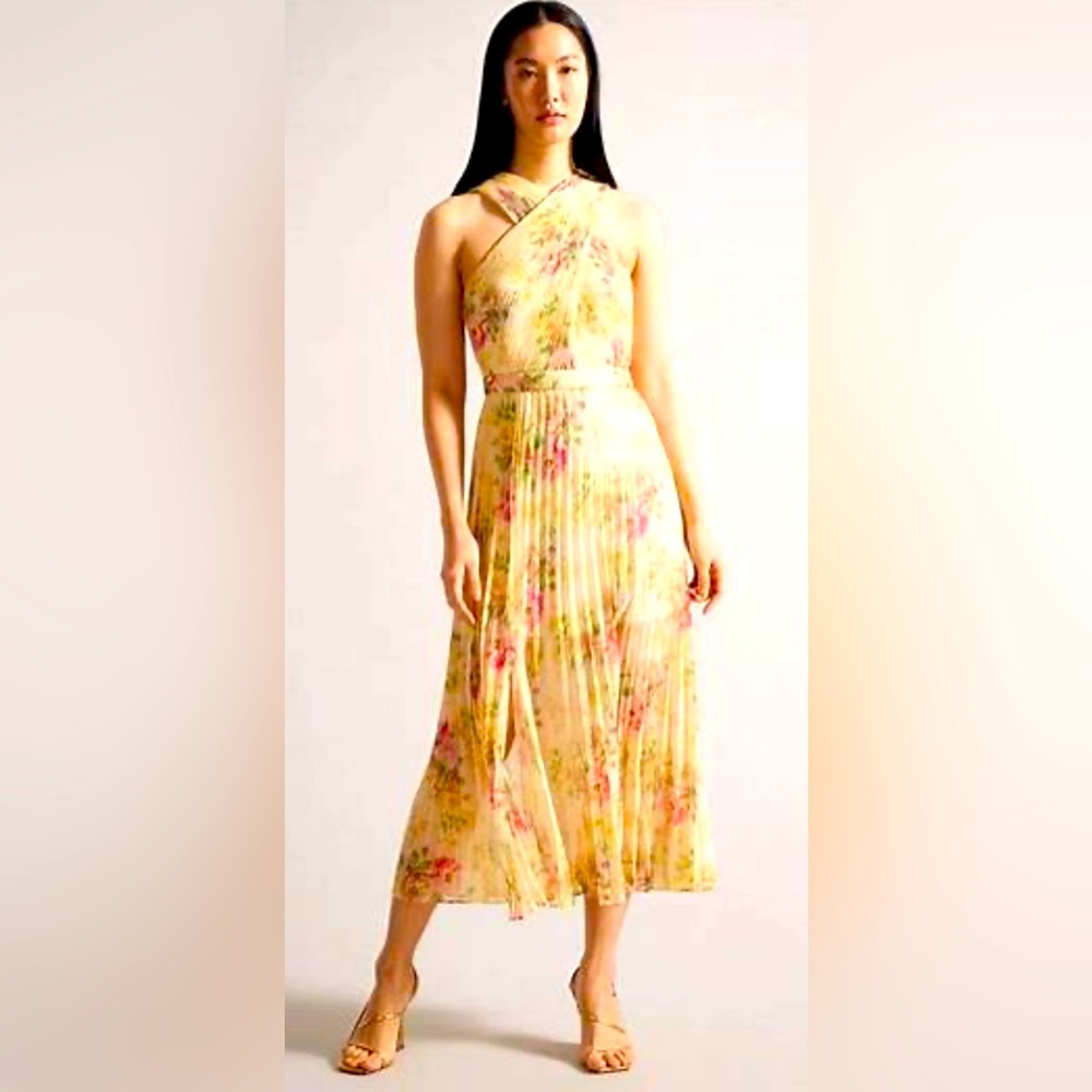 Ted Baker London Yellow and Floral Pleated Cross Front Midi Dress